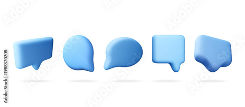 3d blue speech bubble set floating for communication. Plastic chat icon collection for social media interface. Digital notification design element for web chat and messaging. Vector illustration