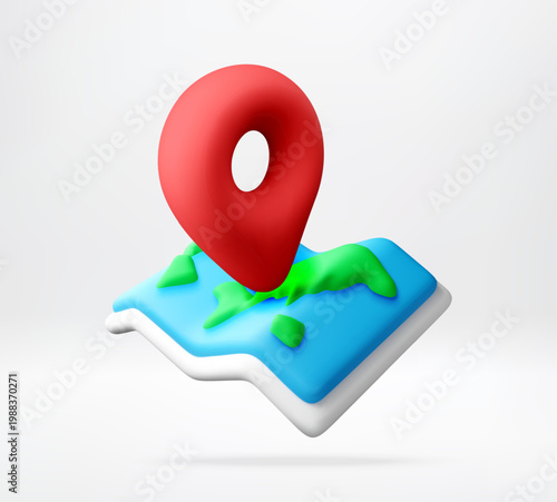 Red pin on 3D map icon. Navigation and geolocation symbol for route planning. Travel destination marker on floating land terrain digital art. Finding location and explore. Vector illustration