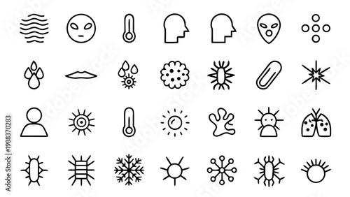 Sixty disease and illness line icons are positioned as minimalist white strokes on a solid black background without any central focal points.