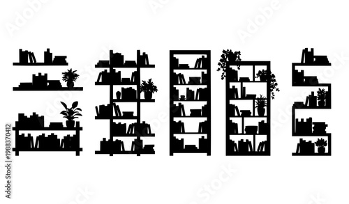 Black bookshelf silhouette vector set with plants books and modern storage furniture for home and office decor