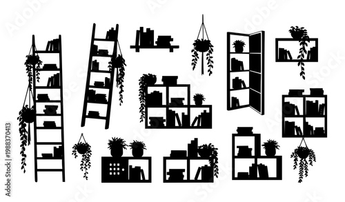 Stylized black bookshelf silhouettes with plants modern home storage furniture collection for interior design