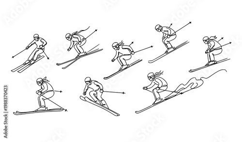 Continuous line skiers in motion vector illustration with winter sport action poses minimal line art design