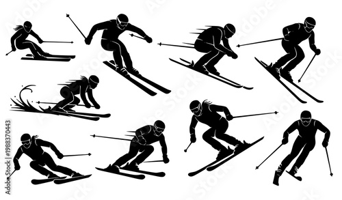 Skiers in motion silhouette vector set with dynamic winter sport action poses isolated on white background
