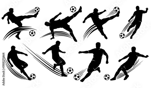 Soccer action silhouettes with motion trails football players dynamic movement vector illustration set
