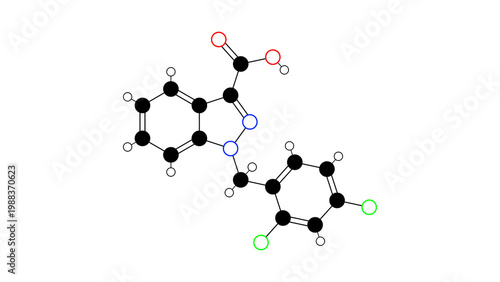 lonidamine molecule, structural chemical formula, ball-and-stick model, isolated image antineoplastic drugs