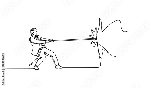 Continuous line businessman pulling rope against challenge symbol business competition and determination concept vector