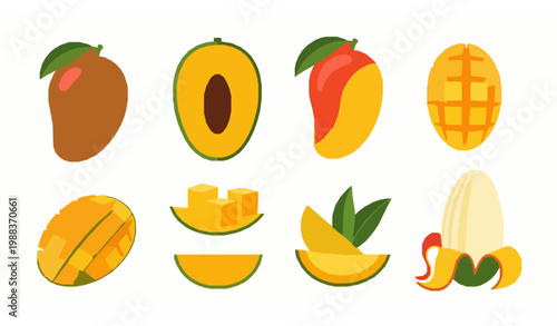 Mango tropical fruit vector set with whole sliced cubes and fresh juicy pieces flat design collection