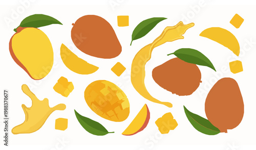 Decorative mango fruit vector collection with slices leaves and tropical elements for pattern and design use