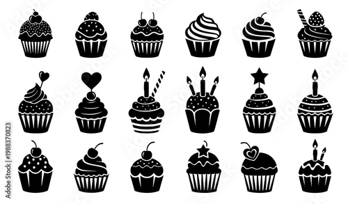 Black and white cupcake silhouettes set with birthday toppings sweet dessert icons for celebration designs