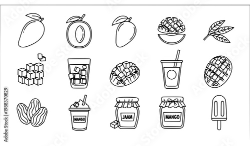 Mango outline icon set with whole fruit sliced pieces juice smoothie and tropical food line vector collection