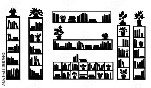 Black silhouette bookshelf set with plants books and modern interior furniture icons for home decor design