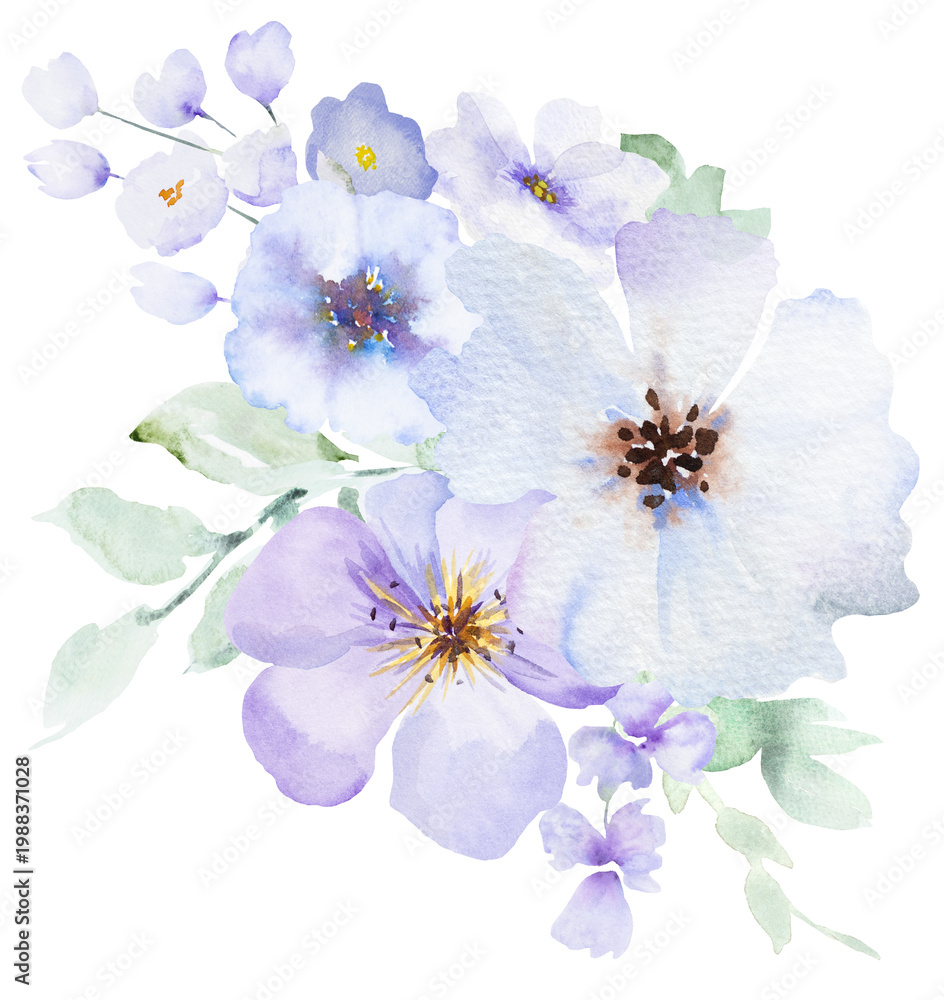 Obraz premium Watercolor bouquet with light purple flowers, floral isolated illustration for wedding stationery