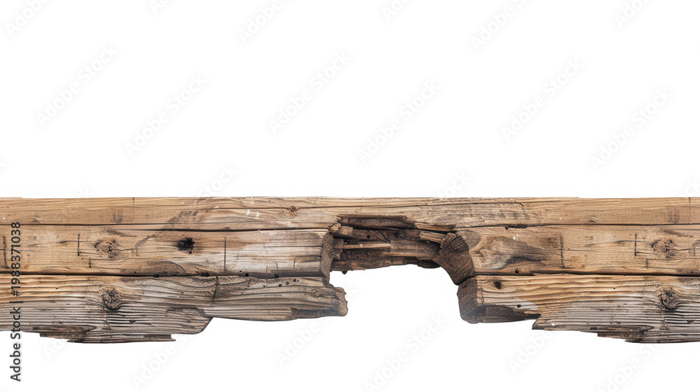 Fototapeta premium Broken Wooden Beam Isolated - Damaged Timber Structure with Crack and Decay