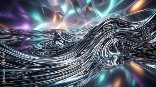 Liquid chrome waves, reflective metallic surface, futuristic abstract composition