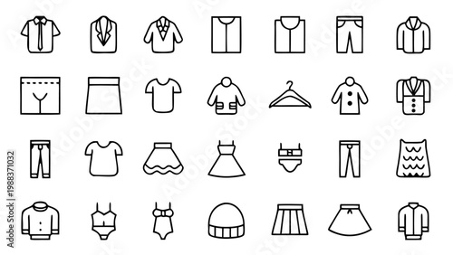 Sixty minimalist white outline fashion and clothing icons including shirts and hangers are presented against a stark black background for modern digital design.