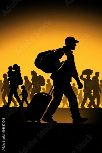 people walking with luggage silhouette sunset background