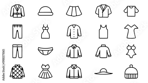 Sixty unique white line art icons depicting various items of clothing such as jackets and skirts are arranged in rows on a professional black background.