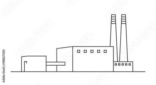 Industrial Power Plant Building with Tall Smokestacks.