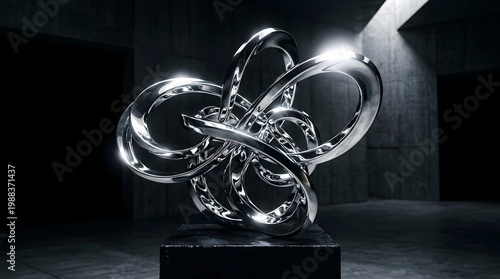 Chrome abstract sculpture, reflective surface, high contrast lighting