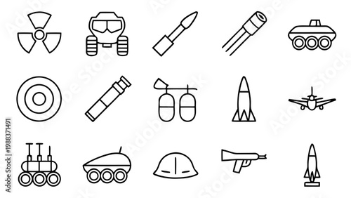 Sixty detailed white outline icons illustrating heavy military vehicles and combat equipment are organized in a grid on a black backdrop.