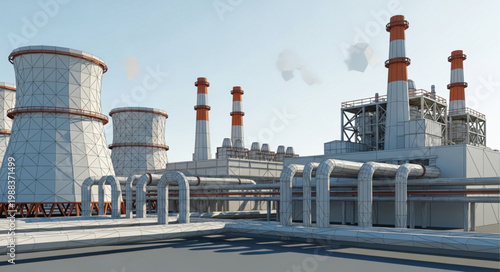 Industrial Power Plant with Cooling Towers and Smokestacks.