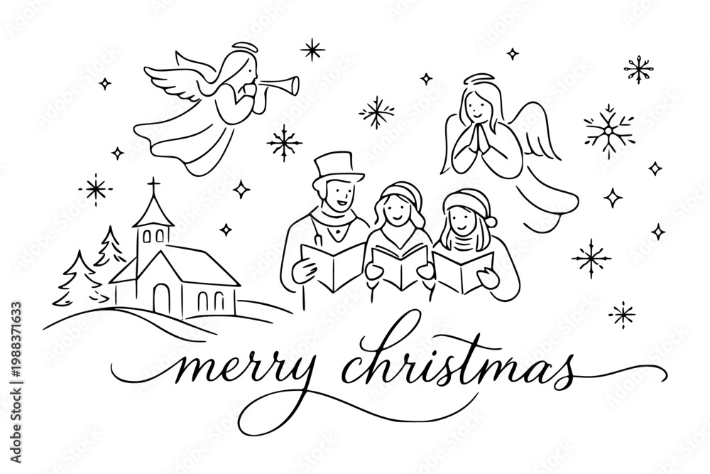 Fototapeta premium Group of carolers singing with angels above, church in snowy landscape, line art style, white background, concept of joyful Christmas