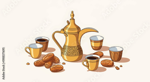 Traditional Arabic coffee set with golden dallah pot and dates, middle eastern hospitality concept, ornate brass coffee pot with small cups isolated PNG with Transparent Background