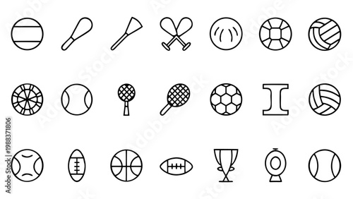 The second part of a sports equipment icon series displays sixty white linear outline graphics of diverse athletic gear and accessories on a dark black surface.