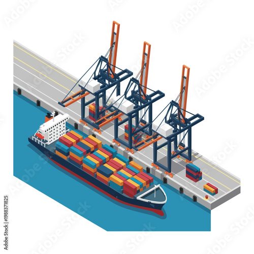 Container Ship Unloading at Port with Cranes and Cargo.