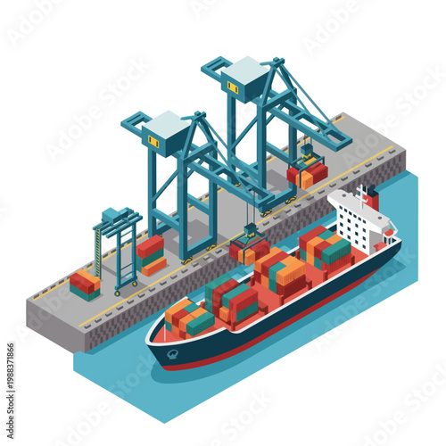 Isometric Cargo Ship Unloading at Port with Cranes.