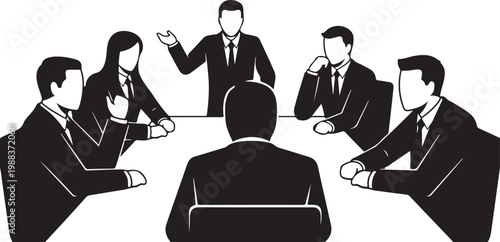 Black and white of businesspeople sitting around a table