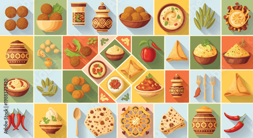 Middle Eastern food icons set, flat vector illustrations of falafel hummus and pita bread, traditional Arabic cuisine elements for restaurant menu isolated PNG with Transparent Background