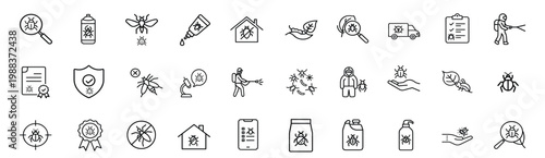 Pest control inspection magnifying glass insecticide spray canister flying insect service truck protection shield professional exterminator & more vector illustration with editable stroke.