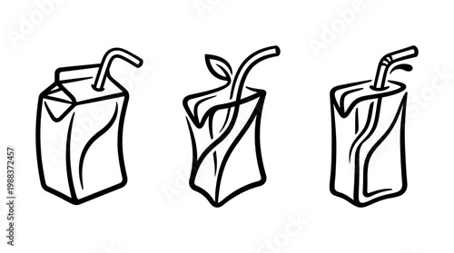 Artistic Black and White Juice Box Illustrations with Straws.