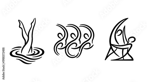 Artistic Black and White Synchronized Swimming Line Art Designs.
