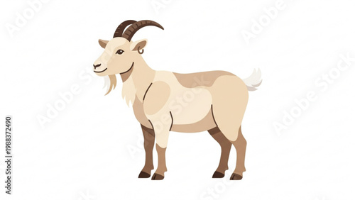 Cream-Colored Goat Standing Side View Flat Vector Illustration with Horns and Beard