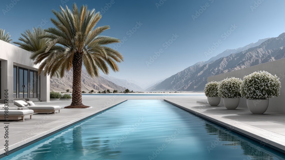Fototapeta premium A pool area features palm trees and planters against a mountain backdrop under a blue sky