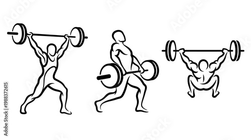 Athlete Performing Weightlifting Exercises with Barbell in Various Positions.