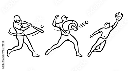 Baseball Players in Action - Hitting, Pitching, and Catching.