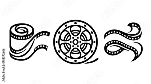 Black and White Film Reels and Strips for Movie Production.