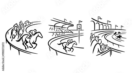 Black and White Horse Racing Sketch with Riders and Spectators.