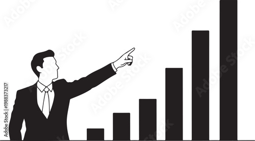 Businessman pointing at rising bar graph chart in suit