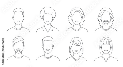 Simple line drawings of eight diverse people with minimalist facial features on a white background.