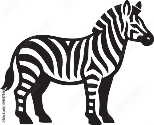 A striking black and white illustration depicts a zebra standing in profile showcasing its distinctive striped pattern high-quality