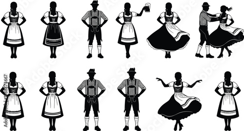 Collection of black silhouette figures wearing traditional German Bavarian dirndl and lederhosen attire performing folk dances and celebrating for Oktoberfest and European cultural festival designs.