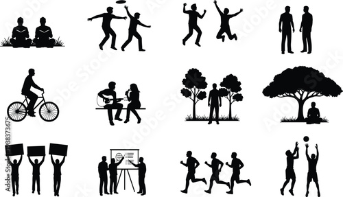 Collection of black silhouette figures engaged in various outdoor activities including playing frisbee volleyball cycling jogging protesting and relaxing under trees for lifestyle and community.