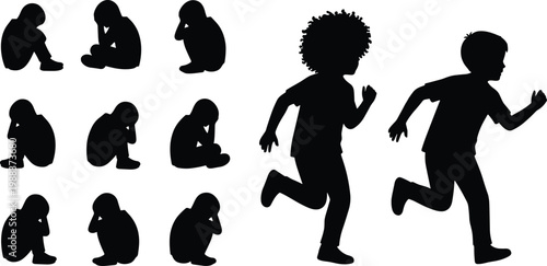 Collection of black silhouette children in various emotional poses including group of sad sitting kids and energetic happy boys running together isolated on white background.