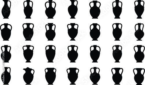 Collection of black silhouette greek amphora and ancient clay vases icons set isolated on white background for mediterranean history culture and pottery design projects.