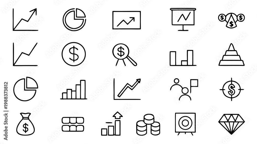 Fototapeta premium Seventy-five white outline icons of global finance and commerce.