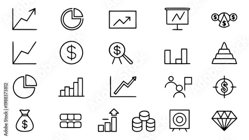 Seventy-five white outline icons of global finance and commerce.